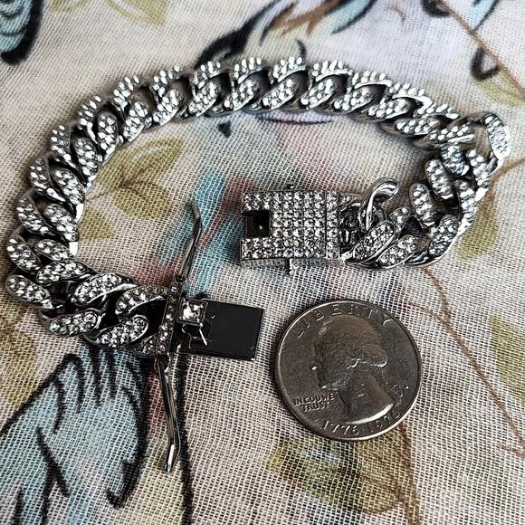 Cuban Chunky Heavy Link Chain Silver Tone Rhinestone Encrusted Bracelet UNISEX - Picture 9 of 14